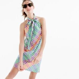 J.Crew Cotton Blend Lightweight Rainbow Tie Neck Gingham Mini Dress Size 0
